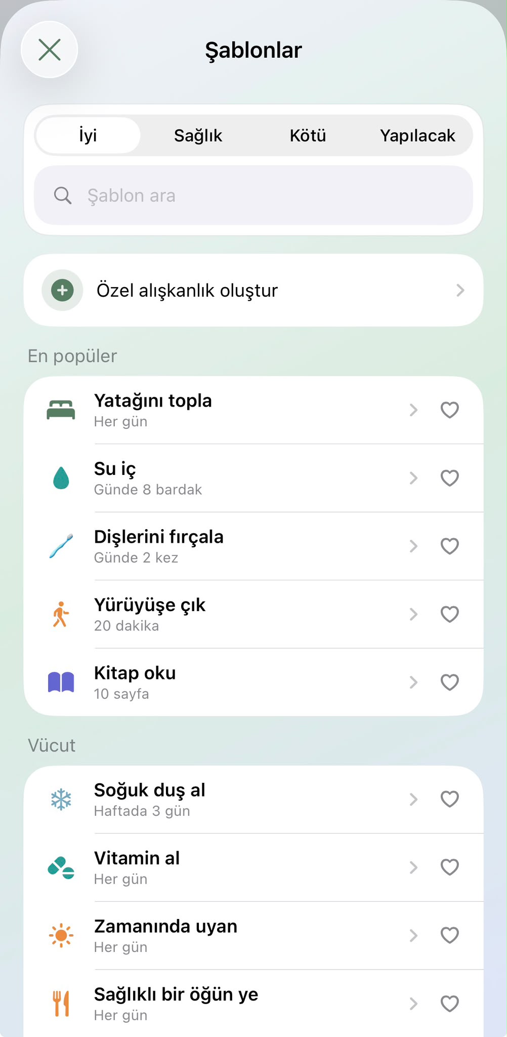 Habitary alışkanlık şablonları ekranı