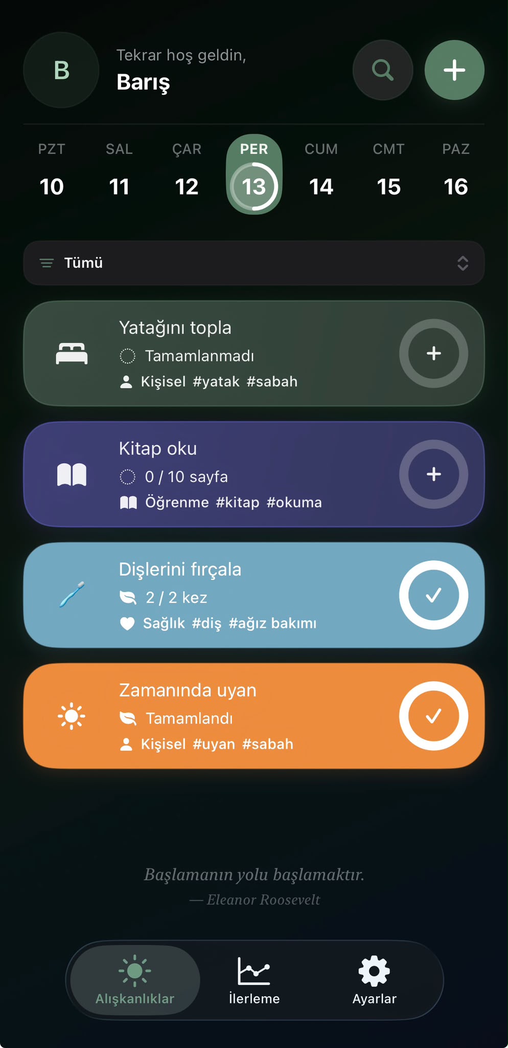 Günlük alışkanlık listesinin koyu tema görünümü