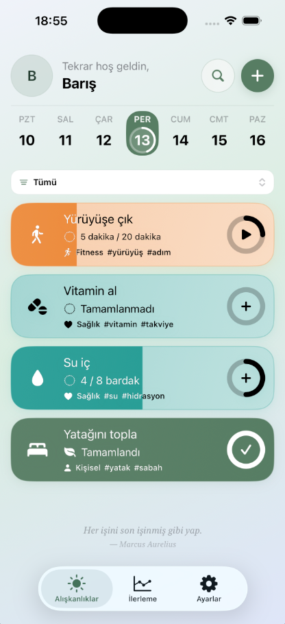 Habitary günlük alışkanlıklarının açık tema ekranı
